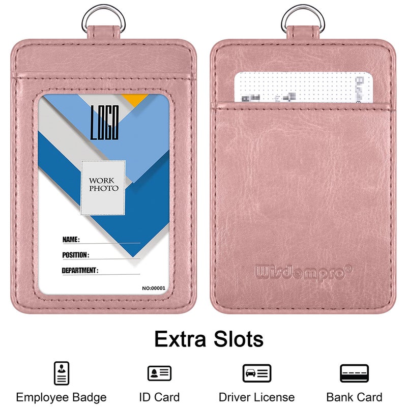 Wisdompro Badge Holder, Wisdompro 2-Sided PU Leather ID Badge Card Holder Wallet Case with 1 Clear ID Window and 1 Credit Card Slot and 22 Inch Quick Rlease Detachable Neck Lanyard Strap-Rose Gold (Vertical) - Image 2